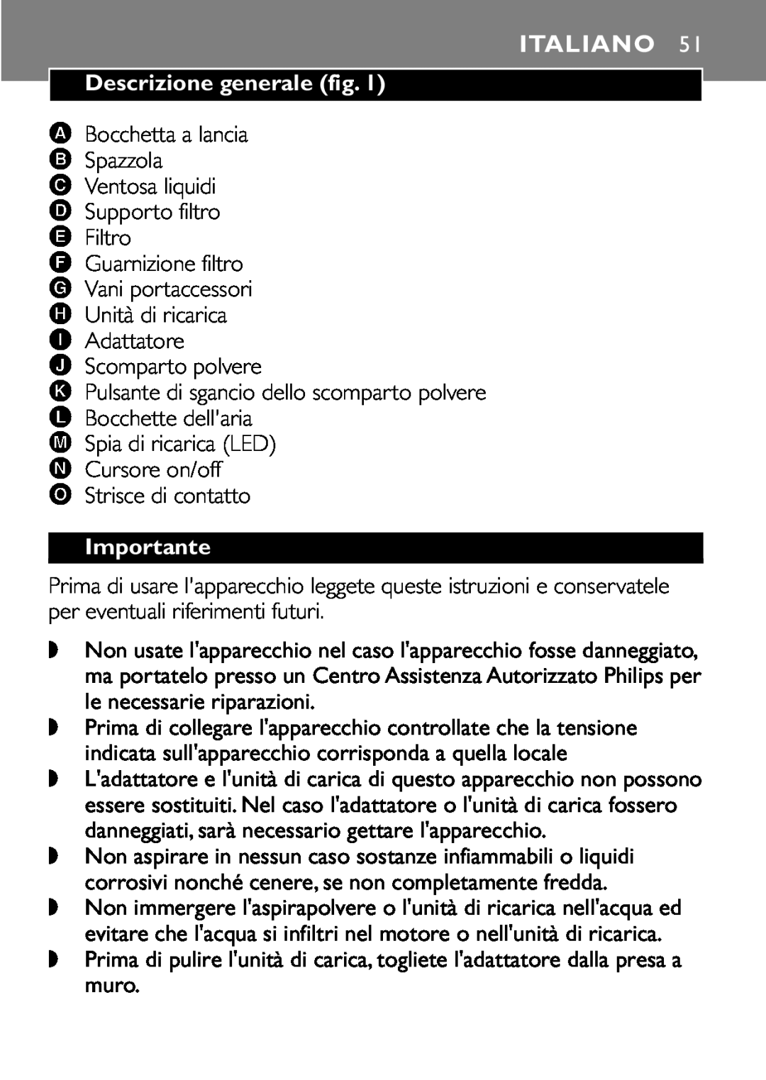 Philips FC6055 manual Italiano, Descrizione generale fig, Importante 