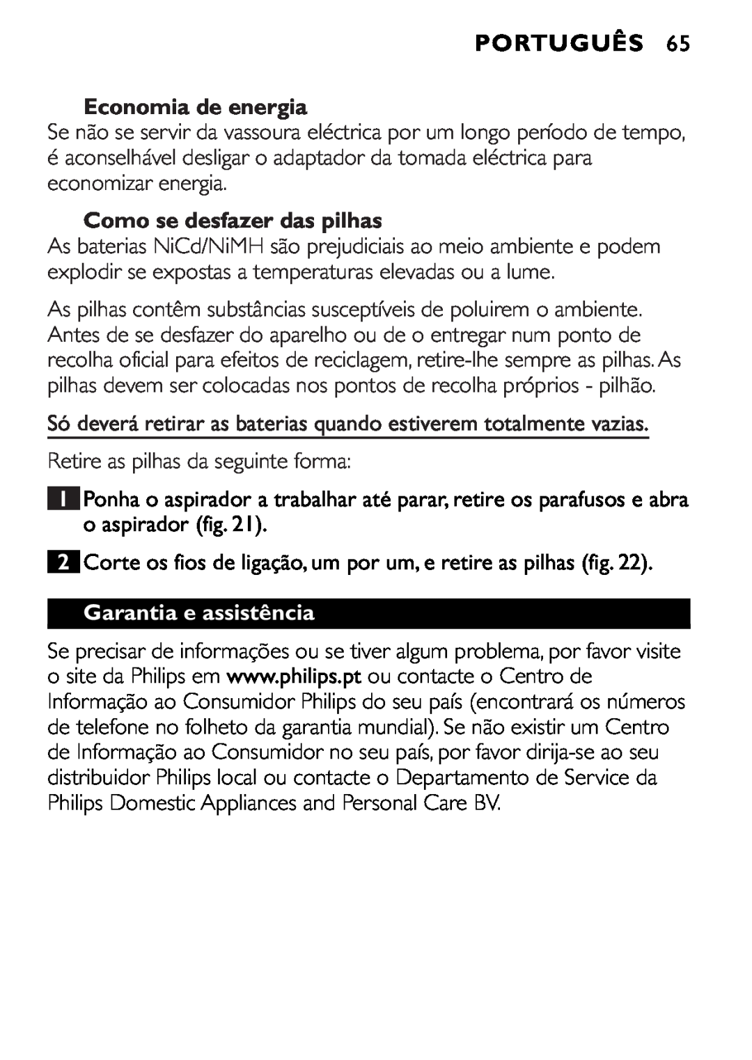Philips FC6055 manual Economia de energia, Como se desfazer das pilhas, Garantia e assistência, Português 