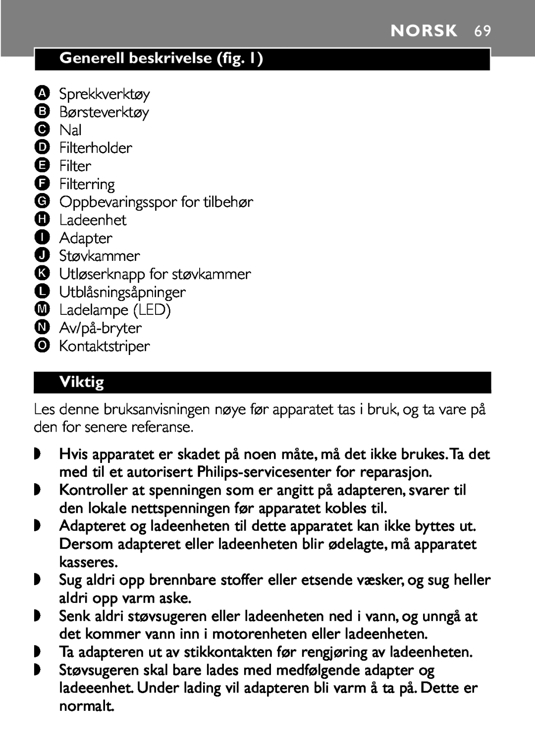 Philips FC6055 manual Norsk, Generell beskrivelse fig, Viktig 