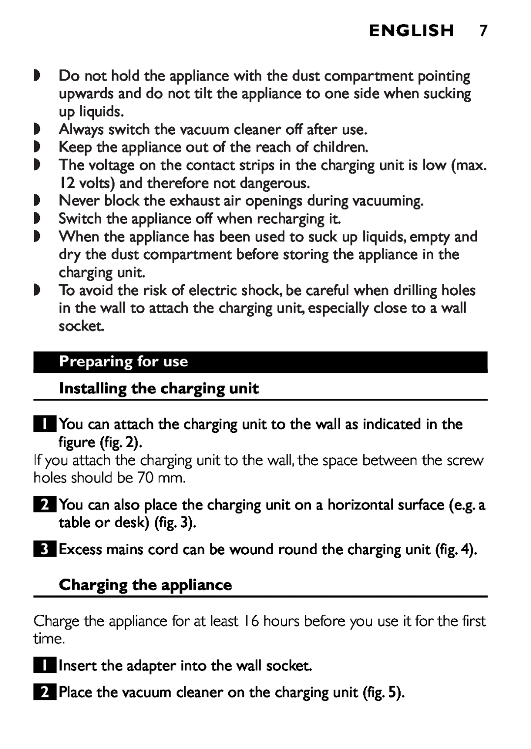 Philips FC6055 manual English, Preparing for use Installing the charging unit, Charging the appliance 