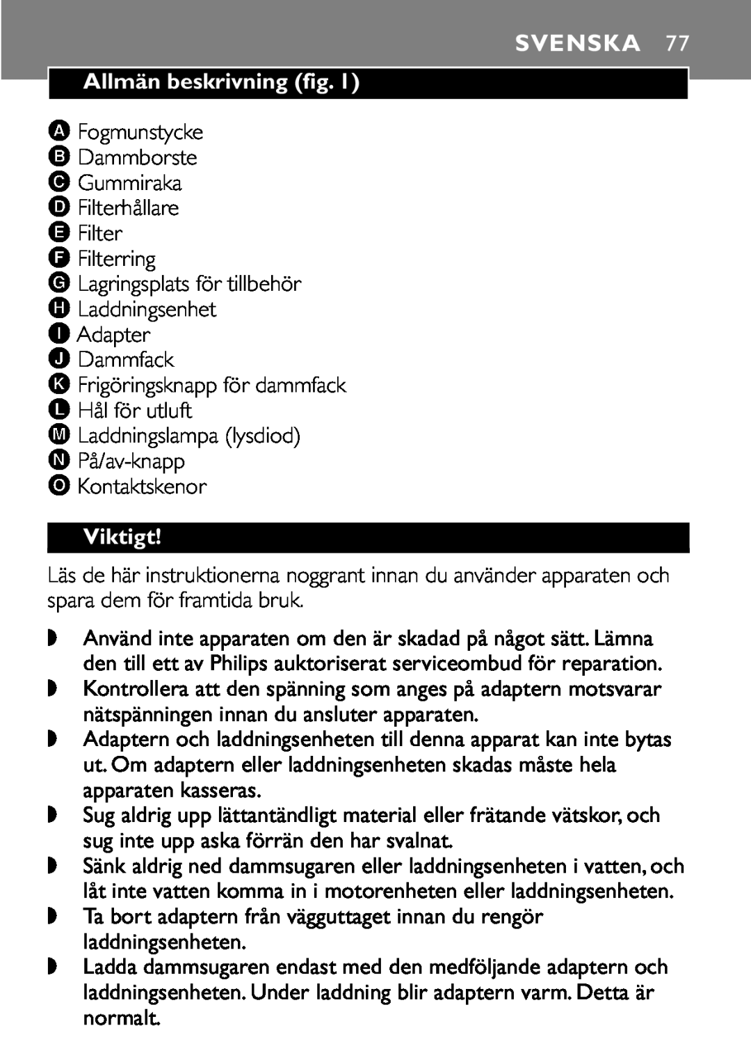 Philips FC6055 manual Svenska, Allmän beskrivning fig, Viktigt 