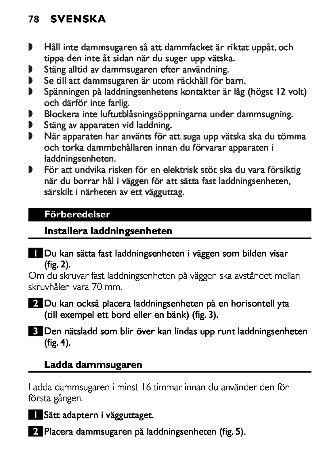 Philips FC6055 manual 78SVENSKA, Förberedelser, Installera laddningsenheten, Ladda dammsugaren 