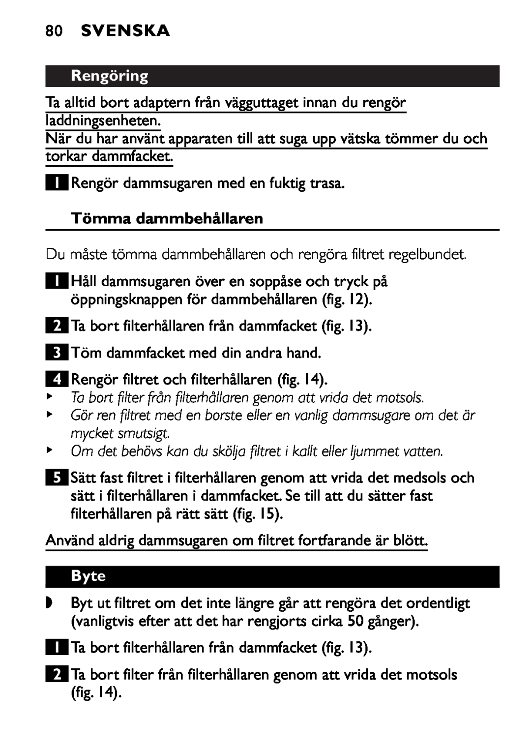 Philips FC6055 manual 80SVENSKA, Rengöring, Tömma dammbehållaren, Byte 