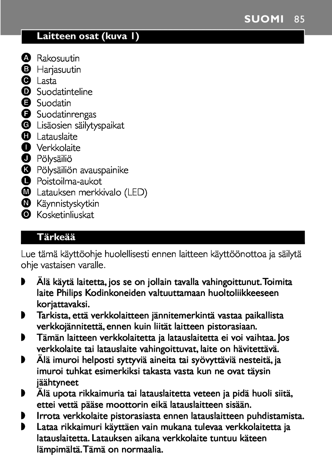 Philips FC6055 manual Suomi, Laitteen osat kuva, Tärkeää 