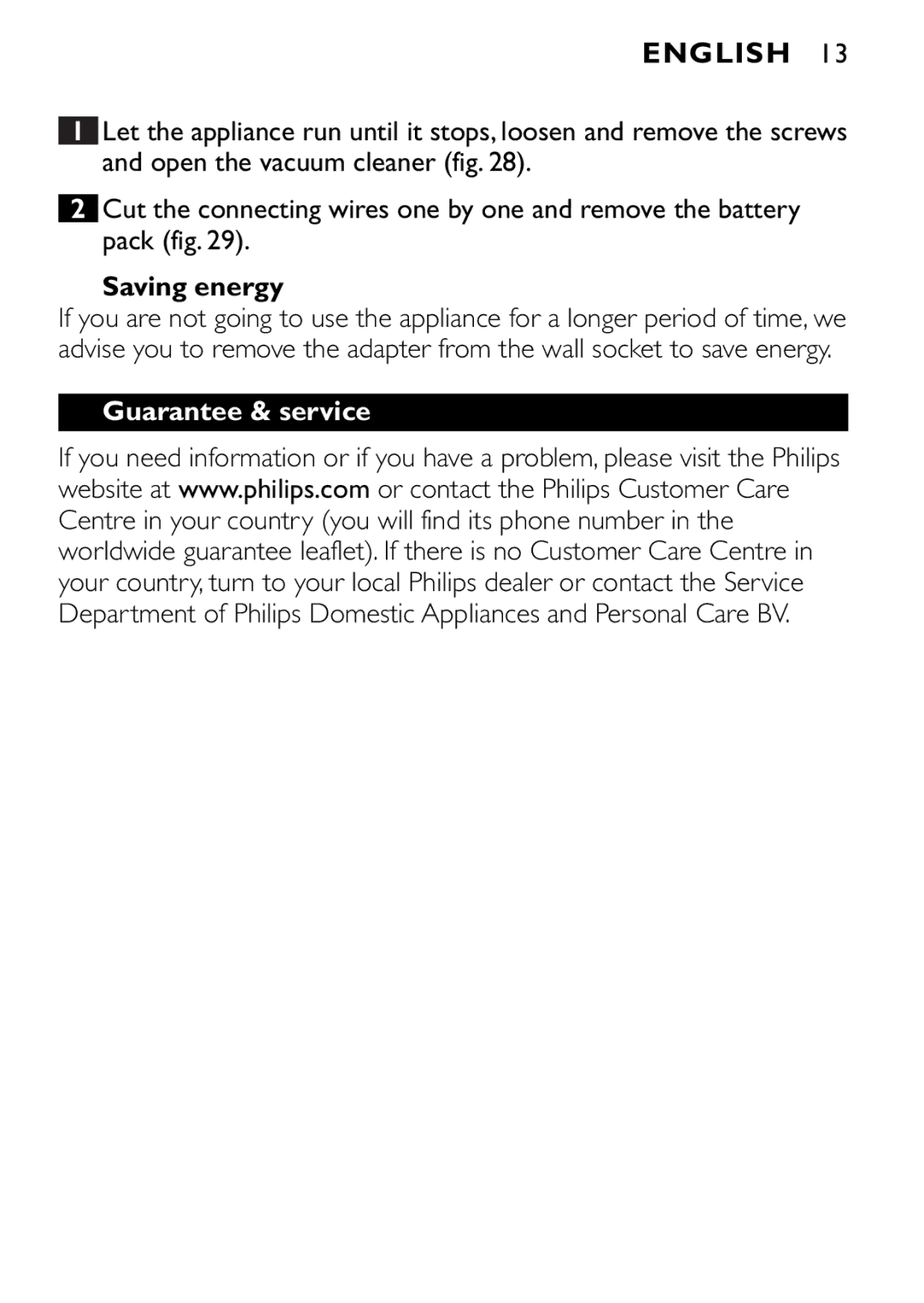 Philips FC6090, FC6092, FC6094 manual Saving energy, Guarantee & service 