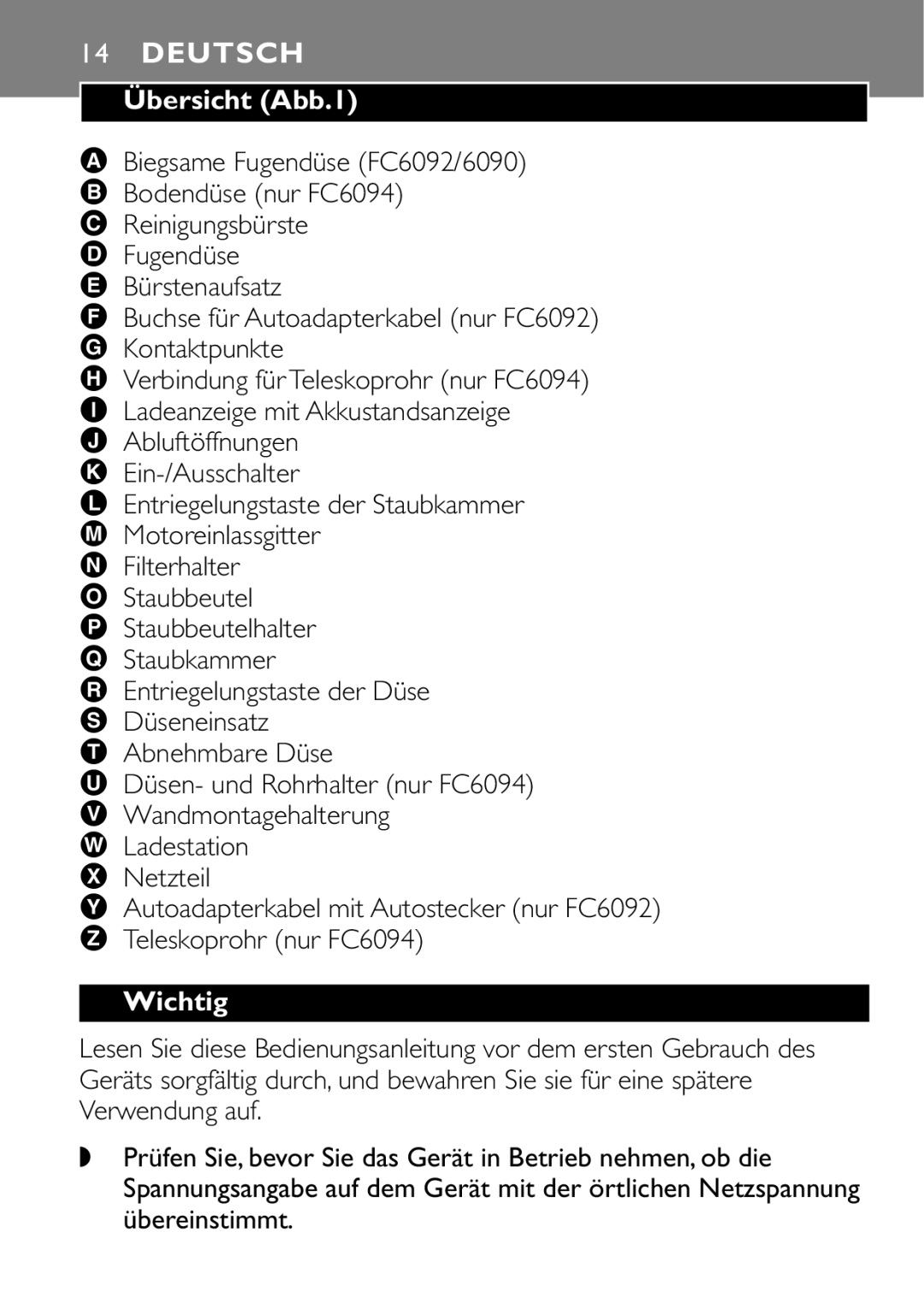 Philips FC6094, FC6092, FC6090 manual Deutsch, Übersicht Abb.1, Wichtig 