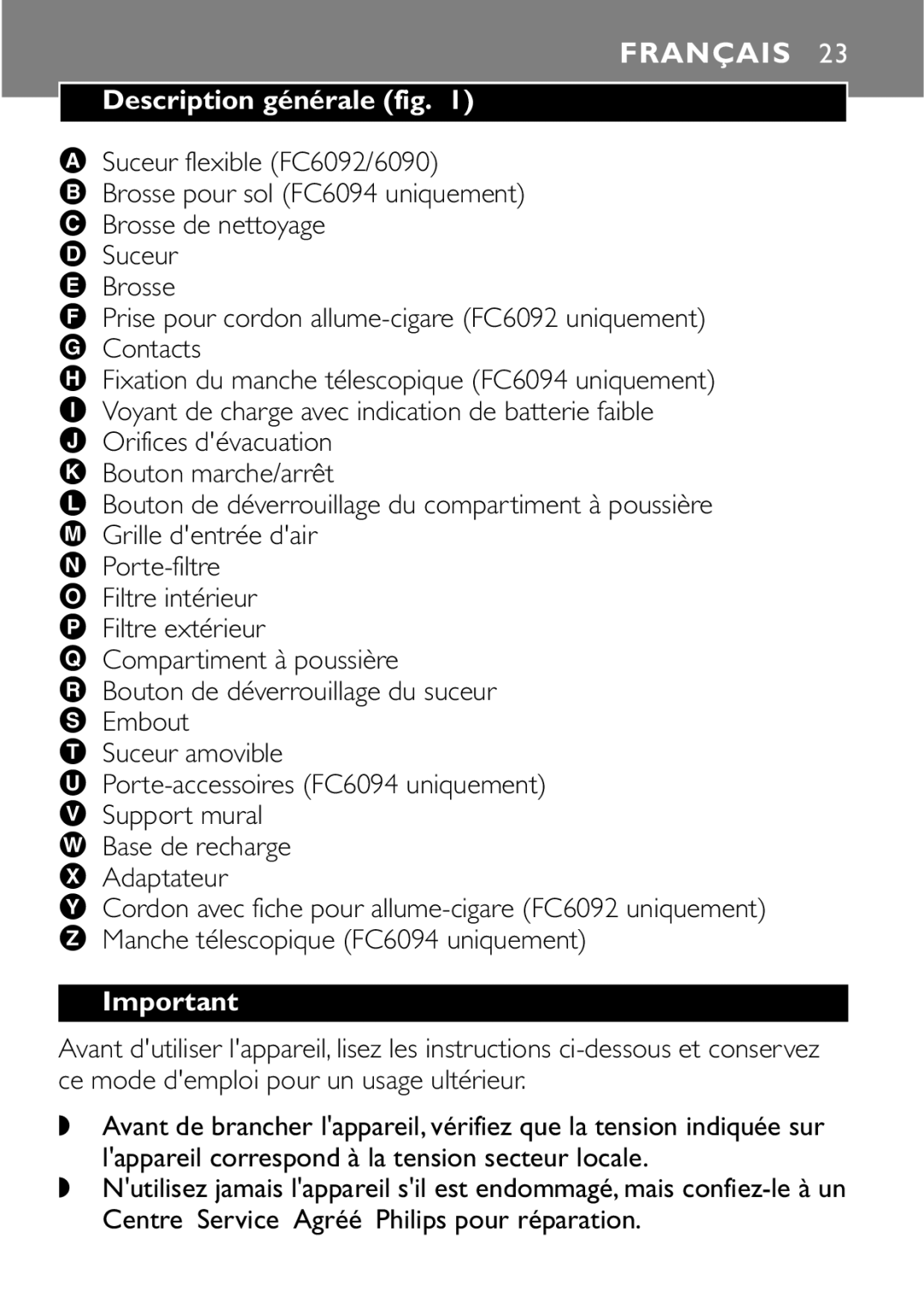 Philips FC6094, FC6092, FC6090 manual Français, Description générale fig 