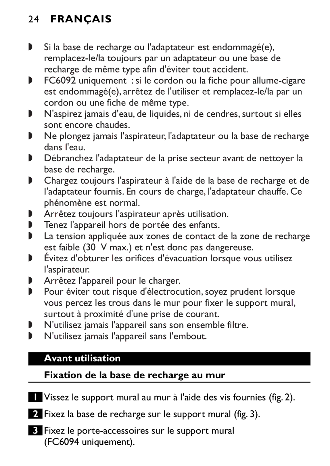 Philips FC6092, FC6090, FC6094 manual Français, Avant utilisation, Fixation de la base de recharge au mur 