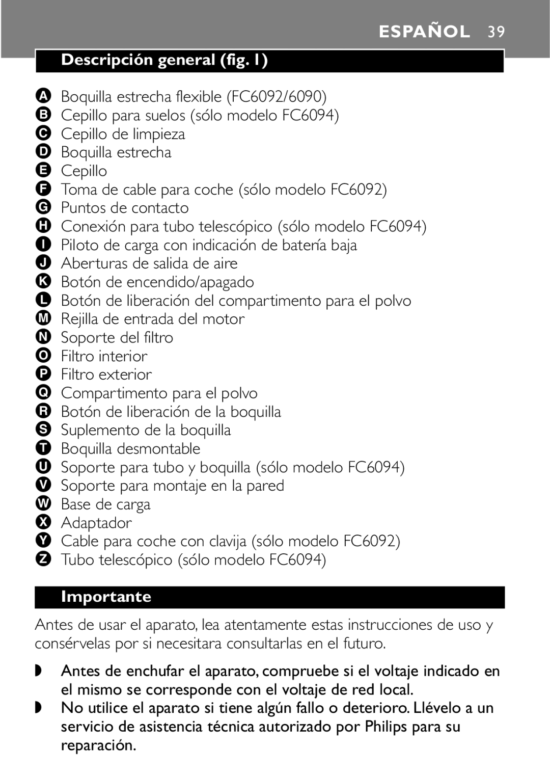 Philips FC6092, FC6090, FC6094 manual Español, Descripción general fig, Importante 