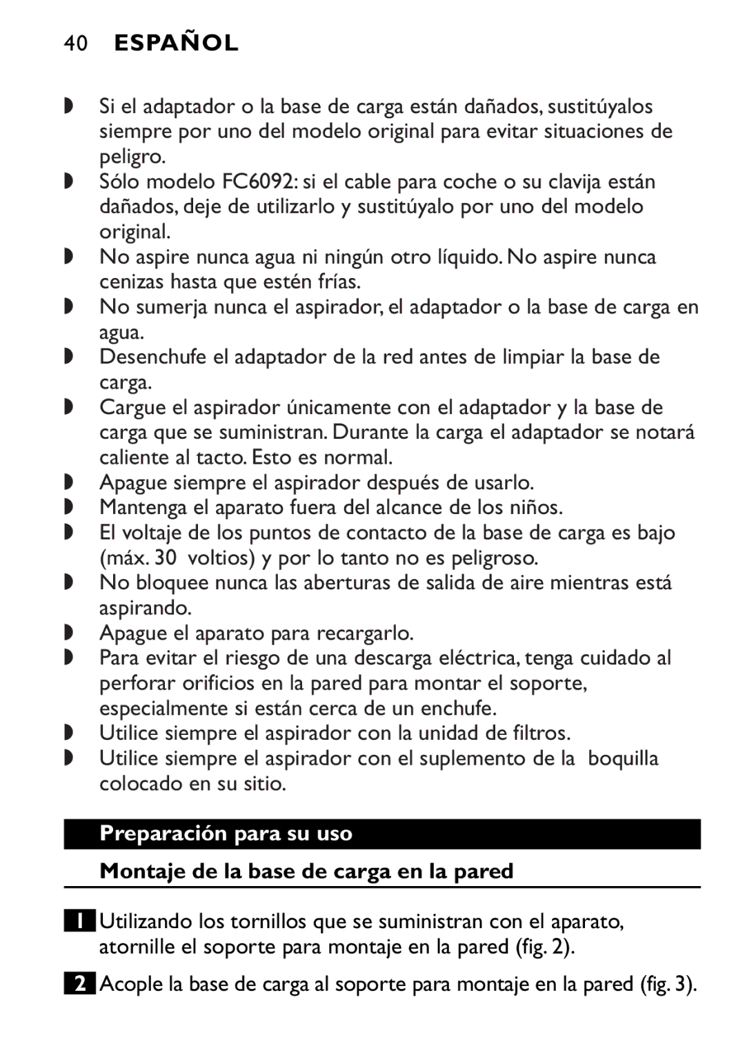 Philips FC6090, FC6092, FC6094 manual Español, Preparación para su uso, Montaje de la base de carga en la pared 