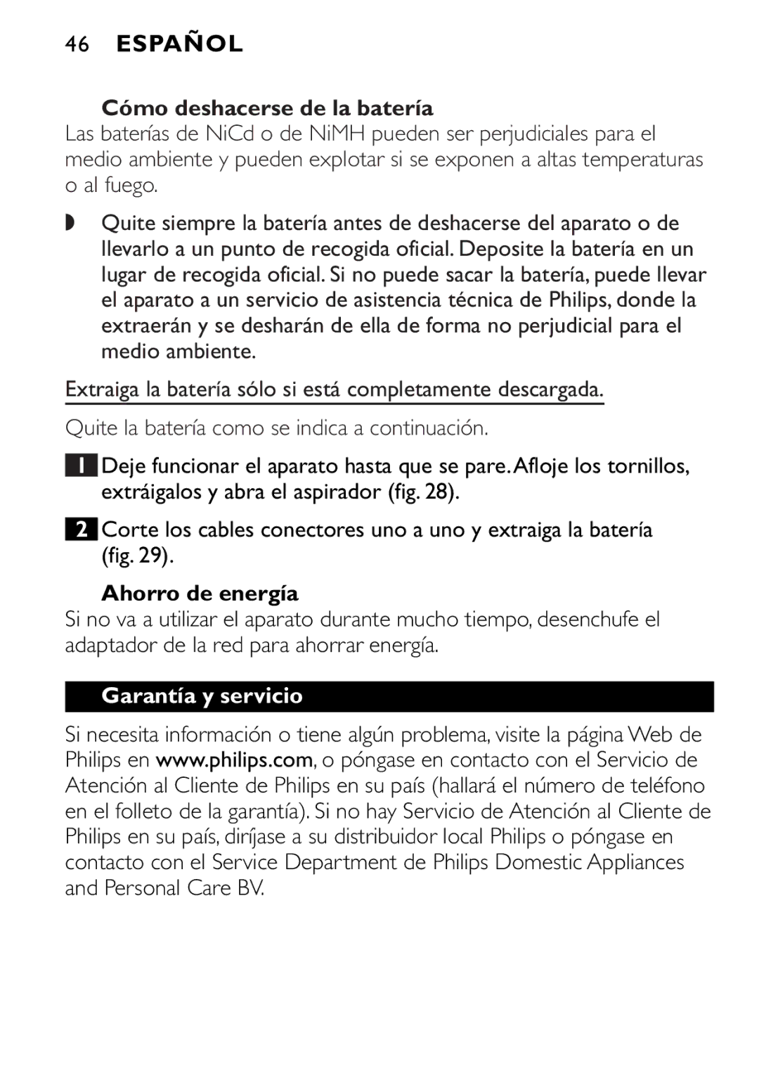 Philips FC6090, FC6092, FC6094 manual Ahorro de energía, Garantía y servicio 