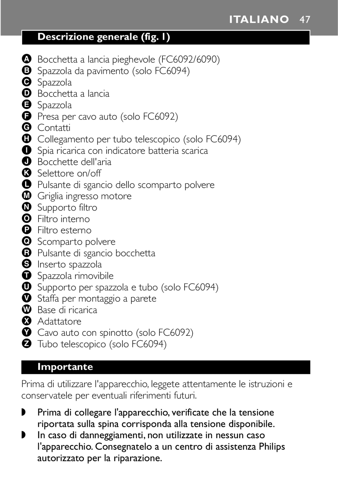 Philips FC6094, FC6092, FC6090 manual Italiano, Descrizione generale fig 