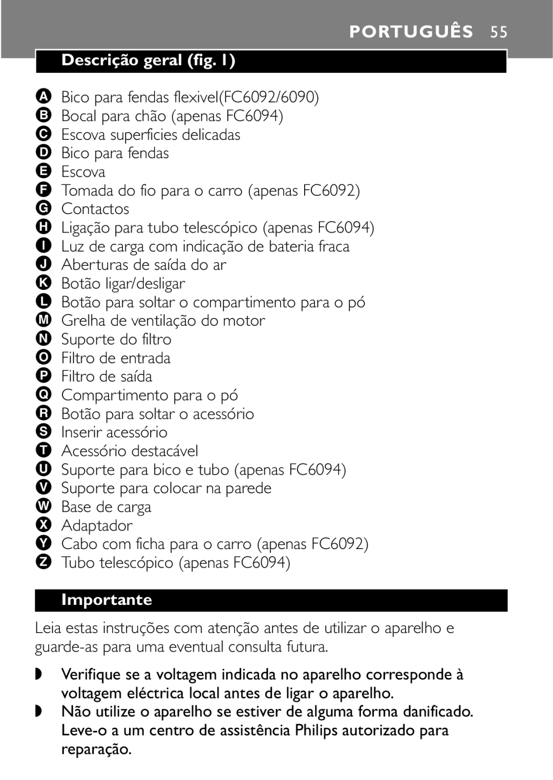 Philips FC6090, FC6092, FC6094 manual Português, Descrição geral fig 