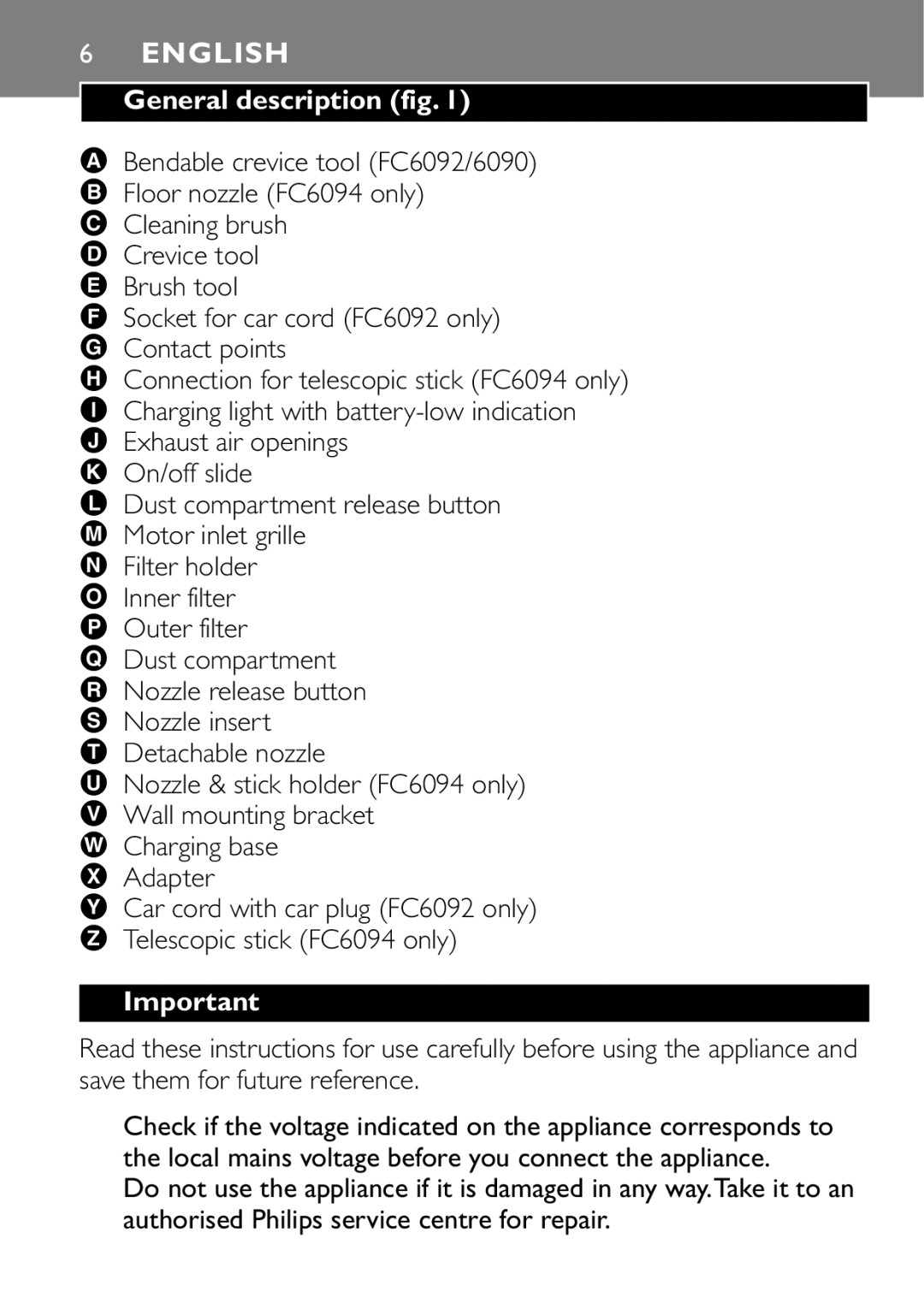 Philips FC6092, FC6090, FC6094 manual English, General description fig 