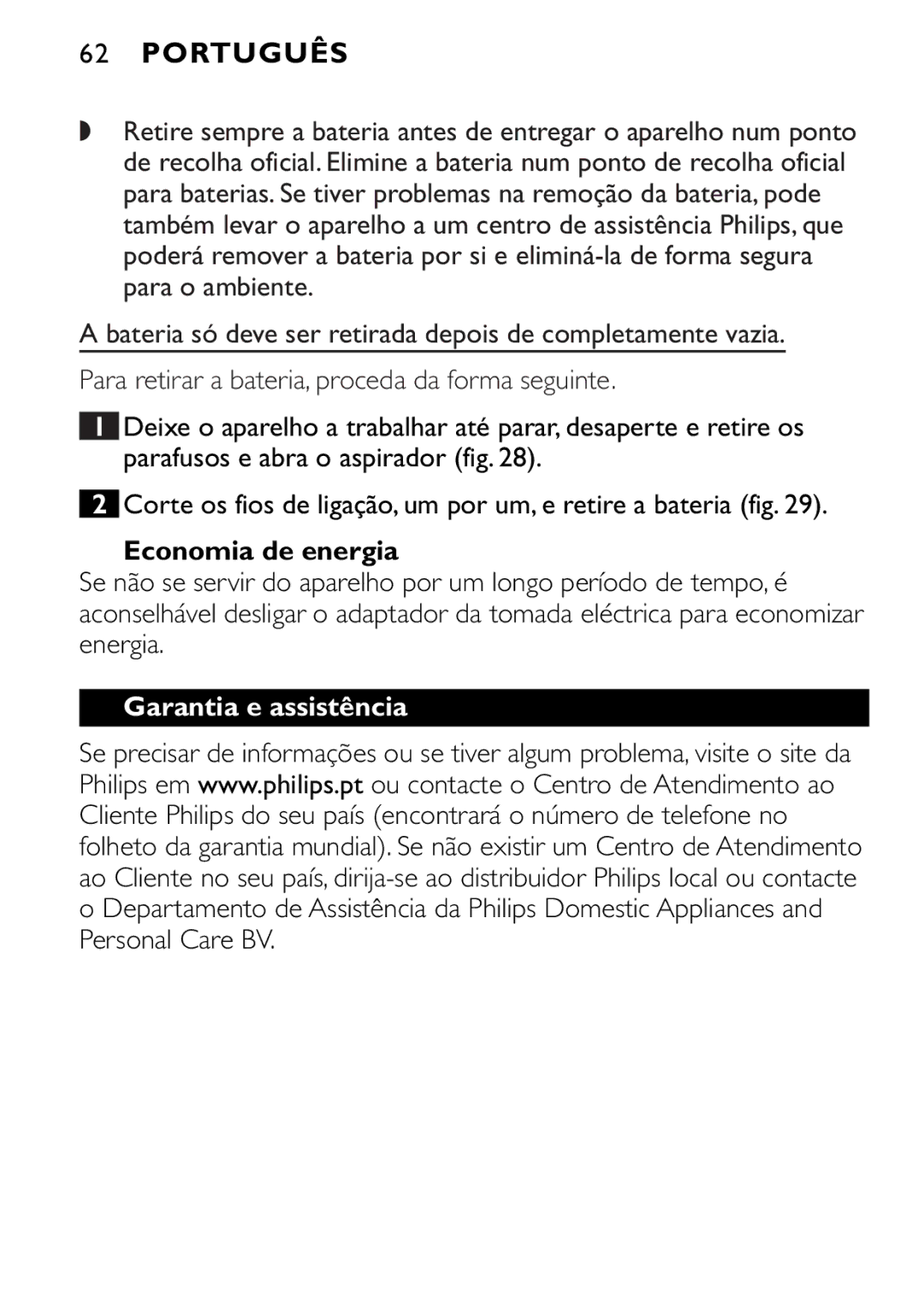 Philips FC6094, FC6092, FC6090 manual Economia de energia, Garantia e assistência 