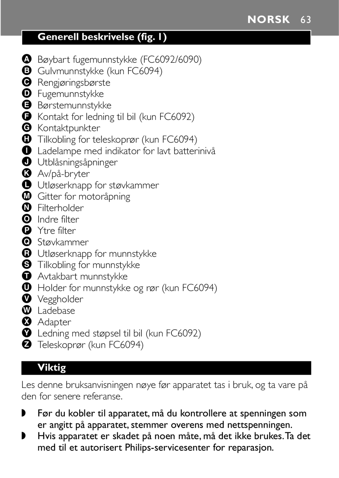 Philips FC6092, FC6090, FC6094 manual Norsk, Generell beskrivelse fig, Viktig 