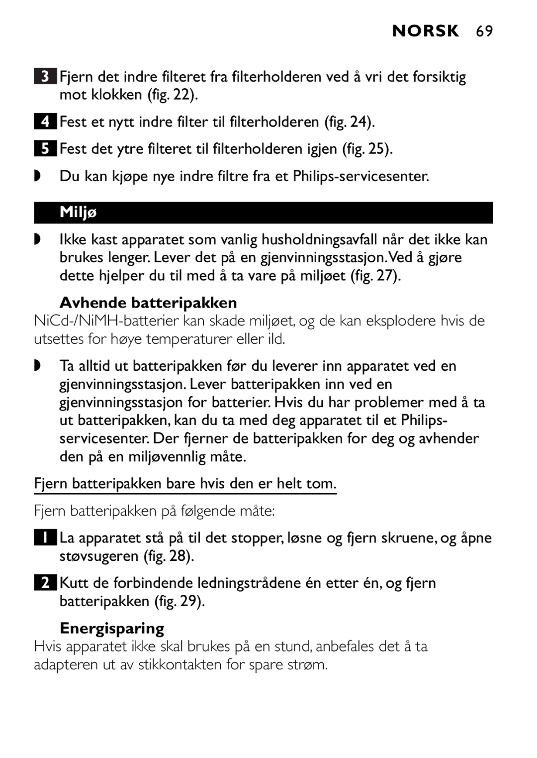 Philips FC6092, FC6090, FC6094 manual Miljø, Avhende batteripakken, Energisparing 