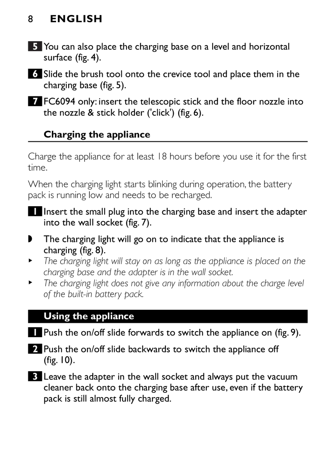 Philips FC6094, FC6092, FC6090 manual Charging the appliance, Using the appliance 