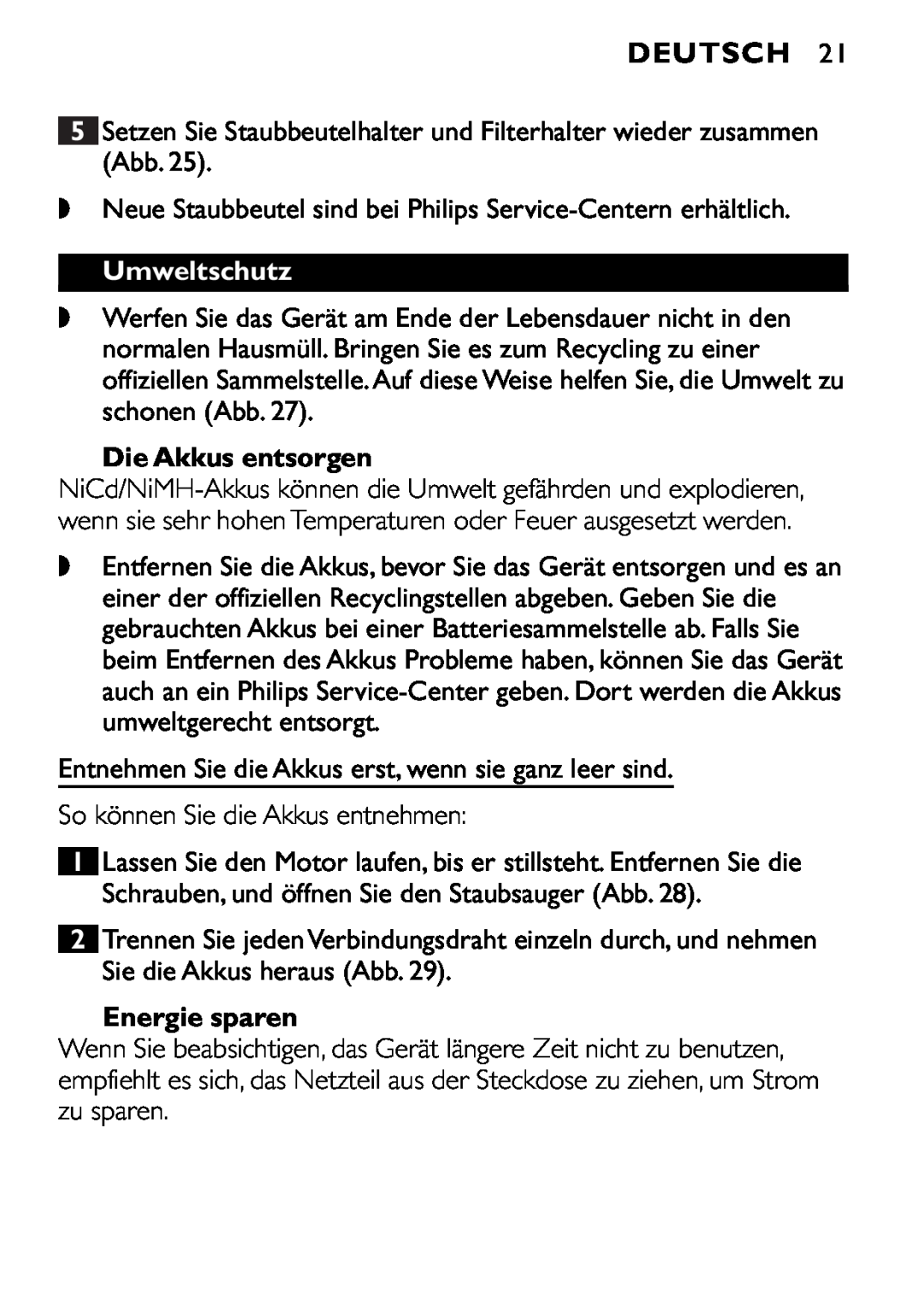 Philips FC6092, FC6090, FC6094 manual Umweltschutz, Die Akkus entsorgen, Energie sparen, Deutsch 