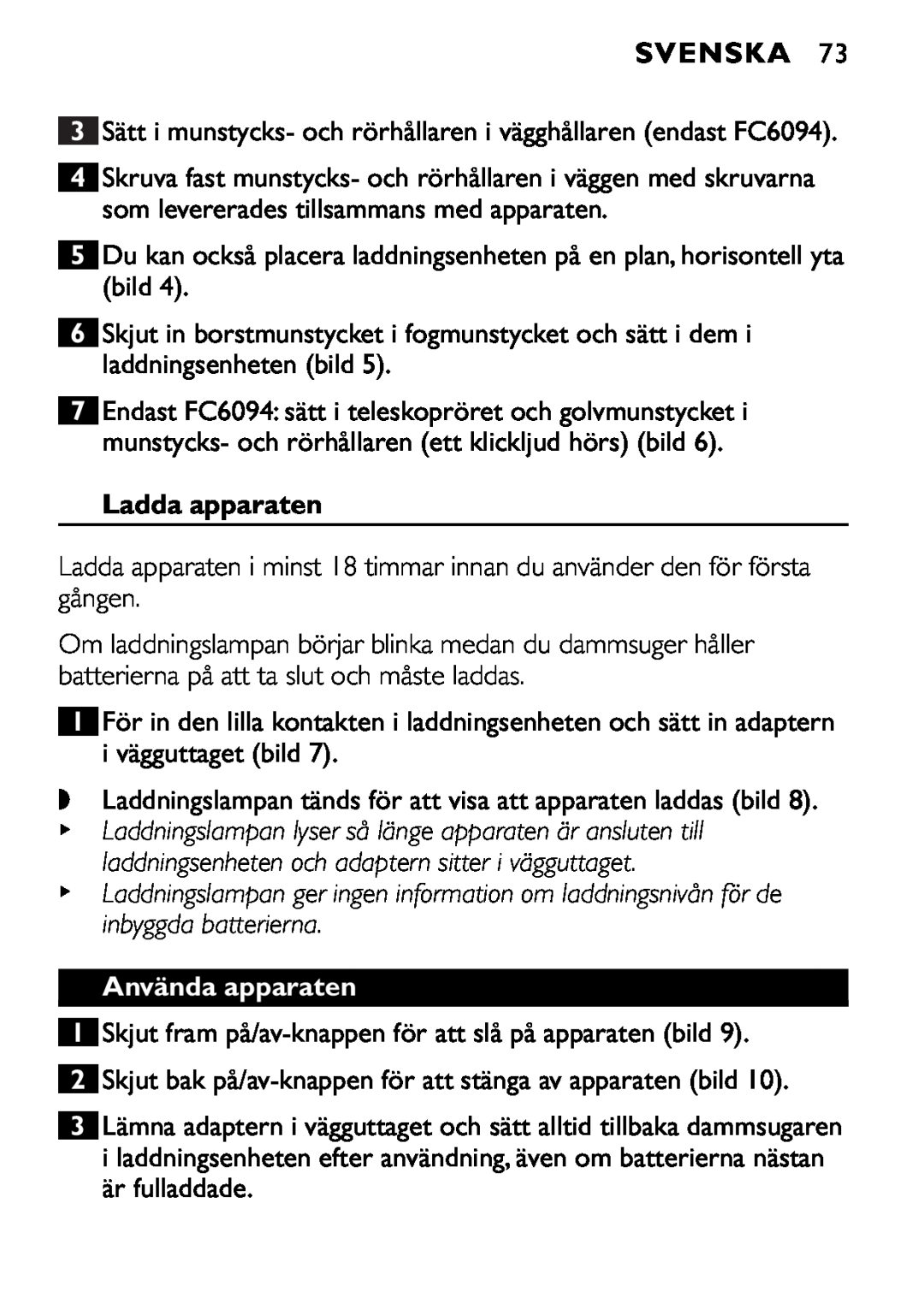 Philips FC6090, FC6092, FC6094 manual Svenska, Ladda apparaten, Använda apparaten 