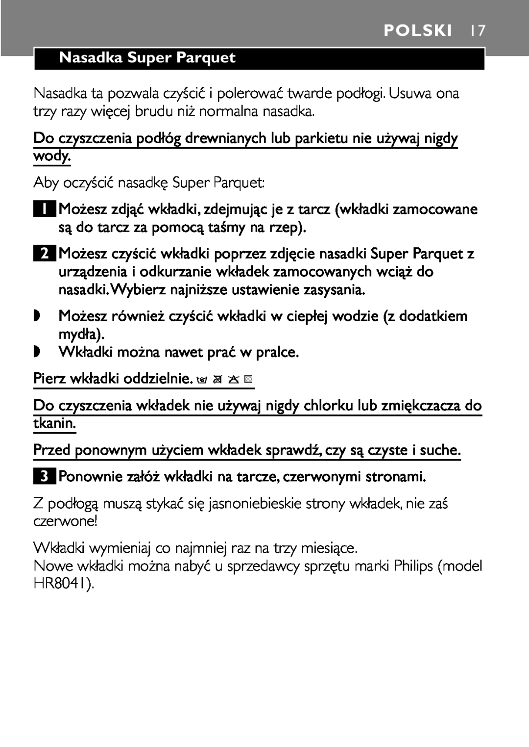 Philips FC8042 manual Polski, Nasadka Super Parquet 