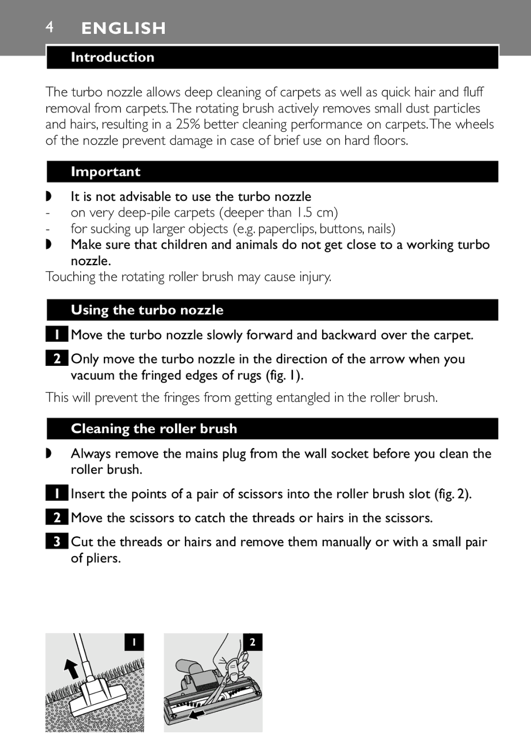 Philips FC8043 manual English, Introduction, Using the turbo nozzle, Cleaning the roller brush 