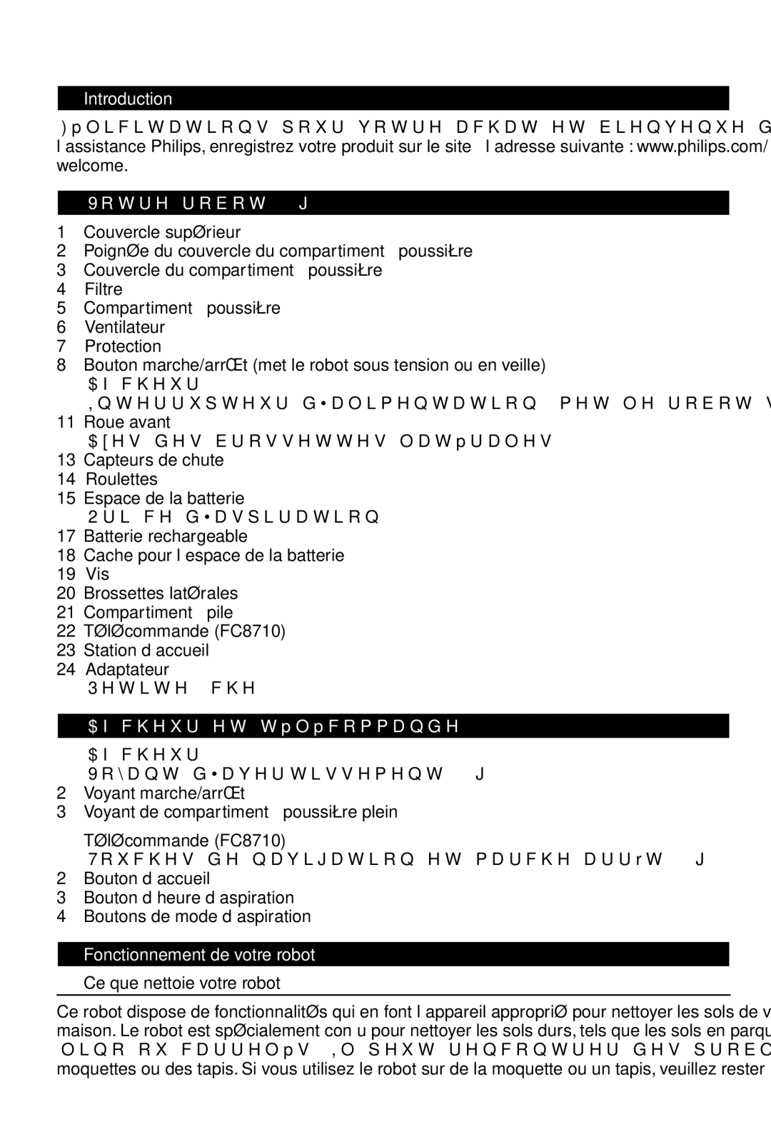 Philips FC8700, FC8710 manual Introduction Votre robot, Afficheur et télécommande, Fonctionnement de votre robot 