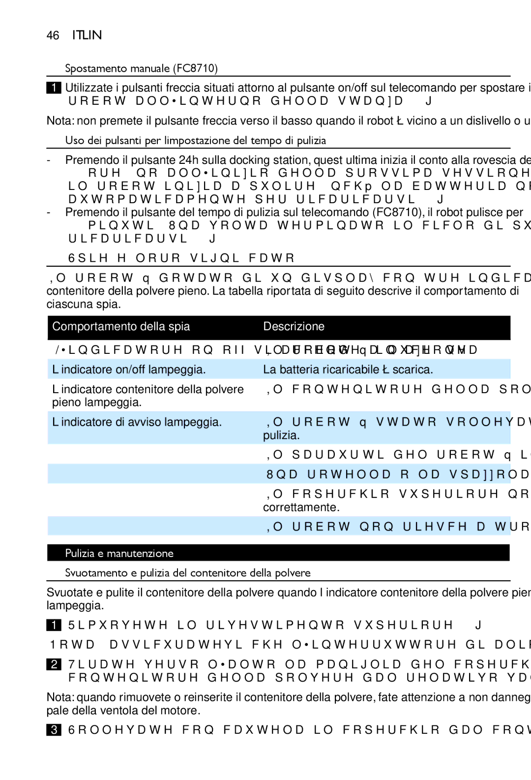 Philips Spostamento manuale FC8710, Uso dei pulsanti per l’impostazione del tempo di pulizia, Spie e loro significato 