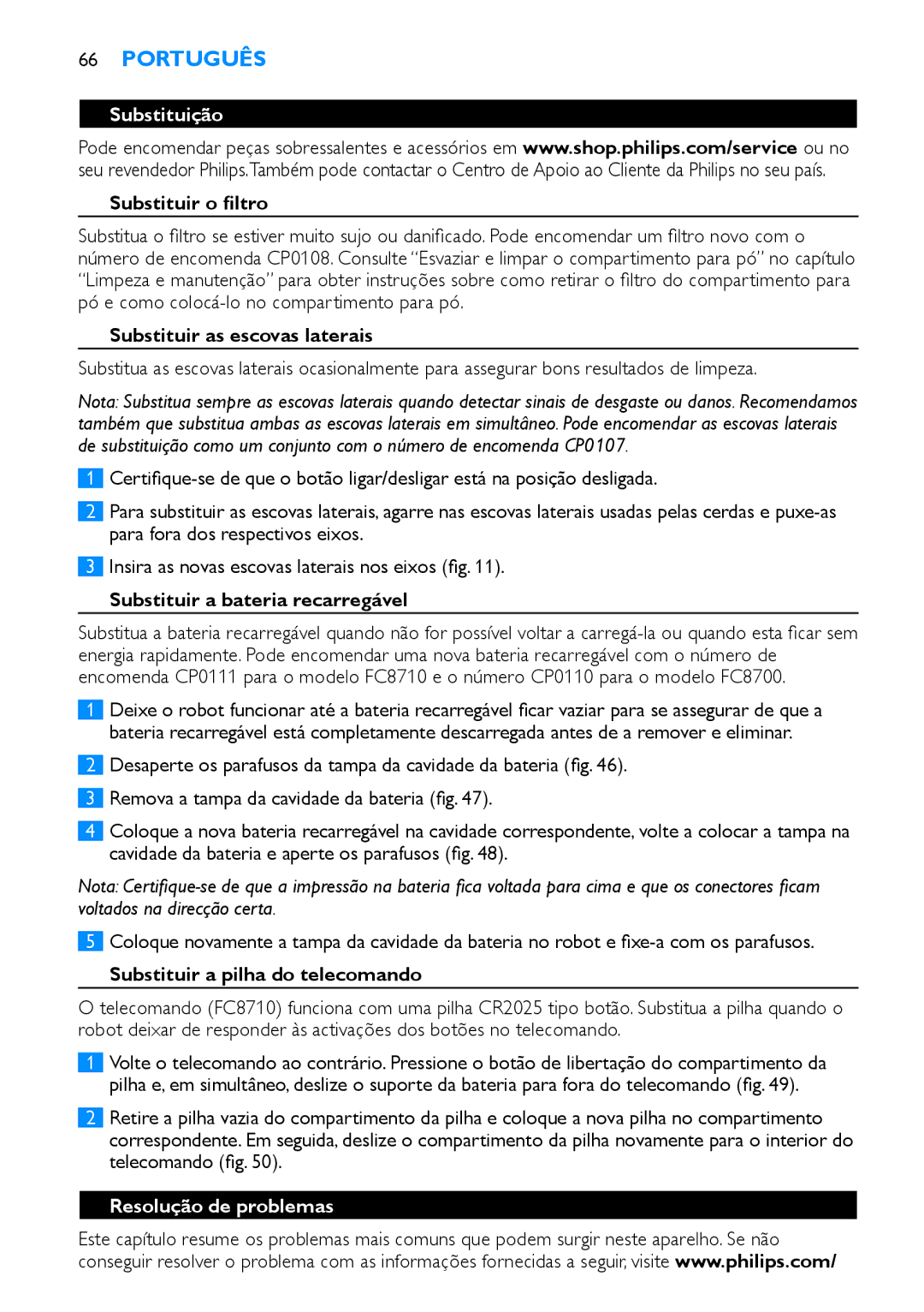 Philips FC8710, FC8700 manual Substituição, Resolução de problemas 