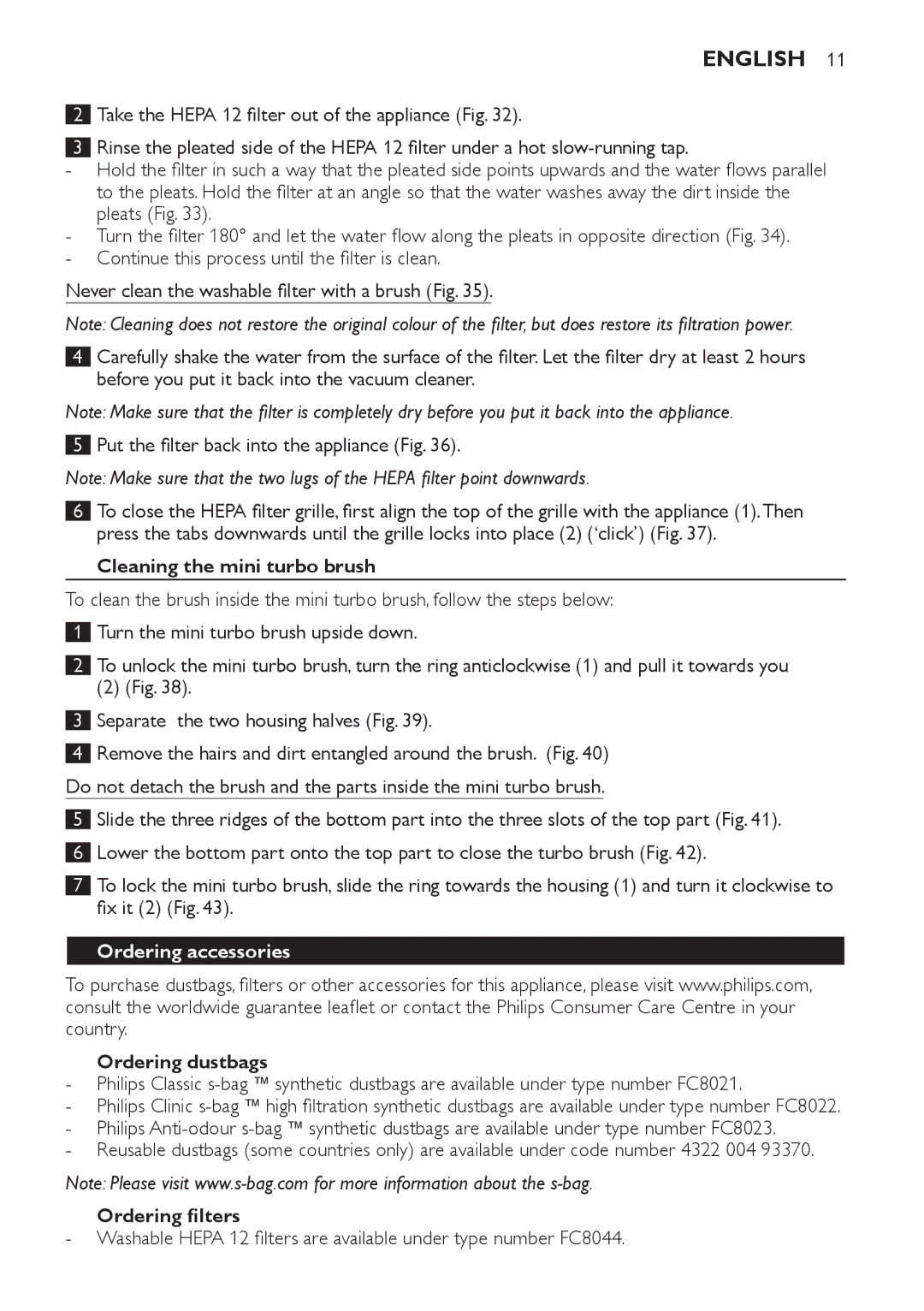 Philips FC8920-FC8910 manual Cleaning the mini turbo brush, Ordering accessories, Ordering dustbags, Ordering filters 