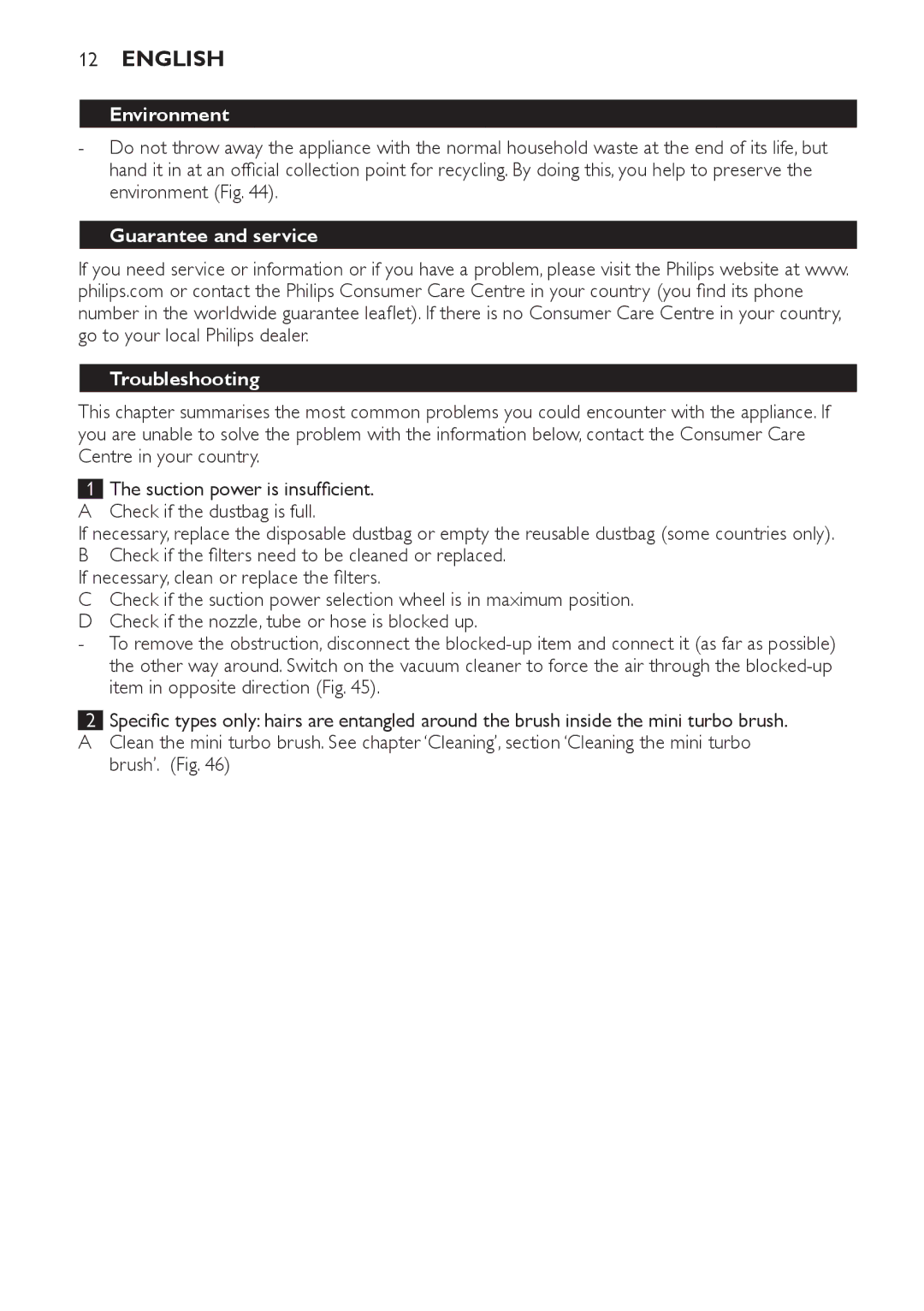 Philips FC8920-FC8910 manual Environment, Guarantee and service Troubleshooting 