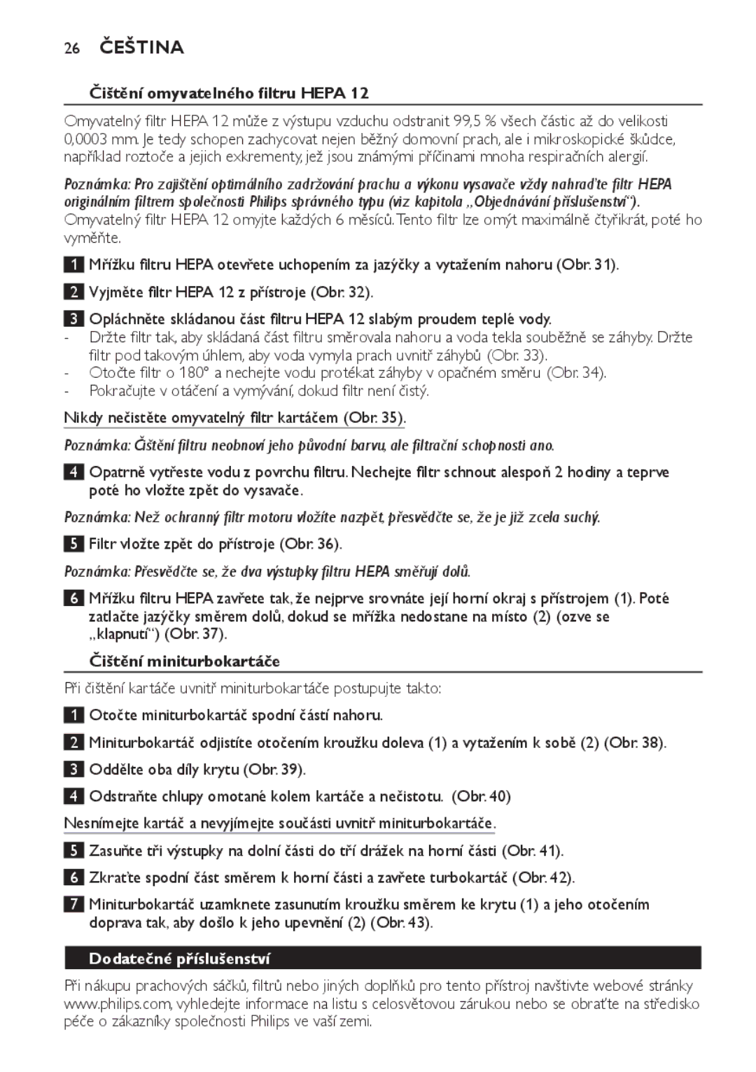 Philips FC8920-FC8910 manual 26 Čeština, Čištění omyvatelného filtru Hepa, Filtr vložte zpět do přístroje Obr 