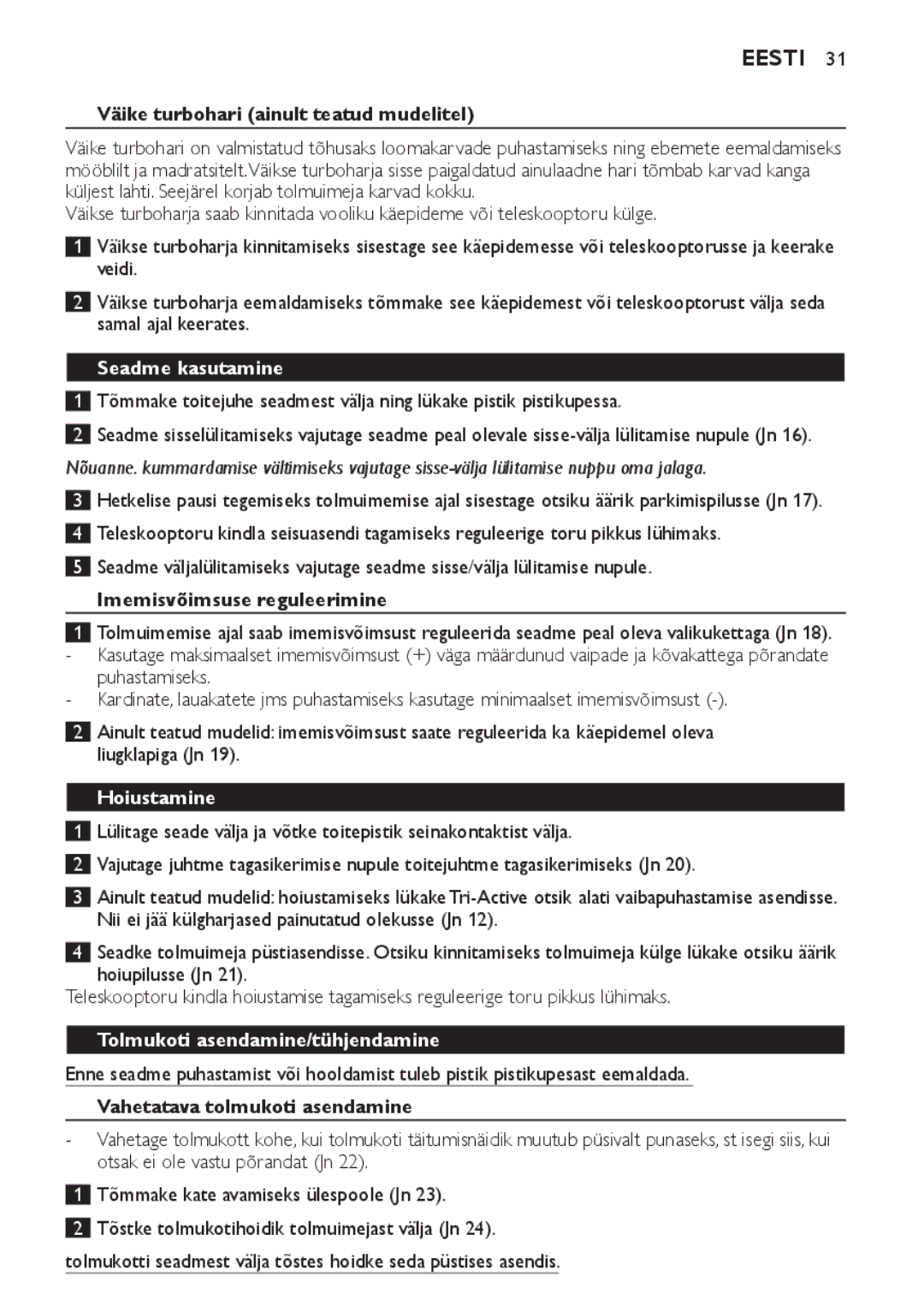 Philips FC8920-FC8910 manual Seadme kasutamine, Hoiustamine, Tolmukoti asendamine/tühjendamine 