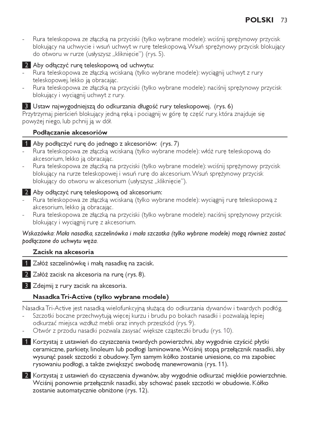 Philips FC8920-FC8910 manual Podłączanie akcesoriów, Zacisk na akcesoria, Nasadka Tri-Active tylko wybrane modele 