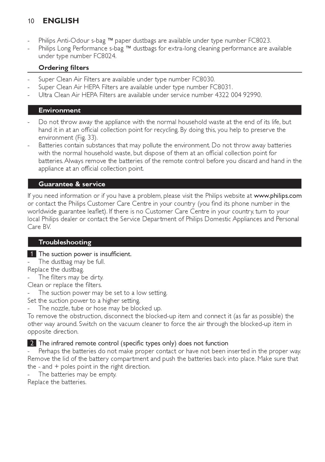 Philips FC9166-9160 manual Ordering filters, Environment, Guarantee & service Troubleshooting 