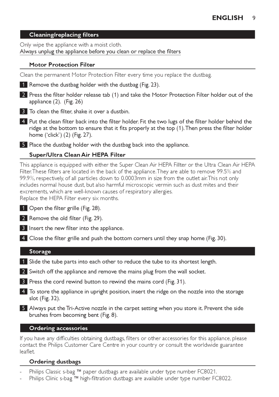 Philips FC9166-9160 manual Cleaning/replacing filters, Storage, Ordering accessories 