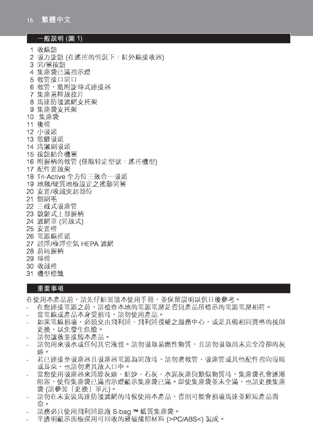 Philips FC9166-9160 manual 一般說明 圖, 重要事項, 16繁體中文 