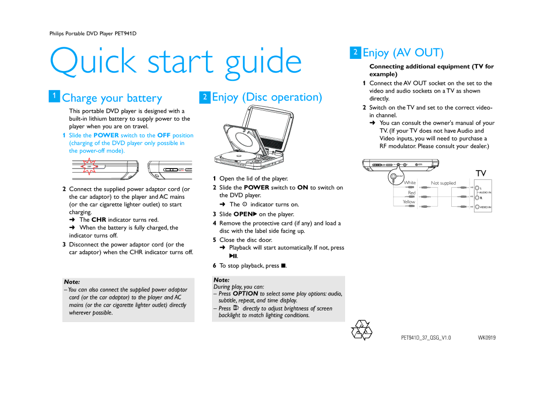 Philips FET941D quick start Quick start guide, Charge your battery, Enjoy AV OUT, During play, you can 