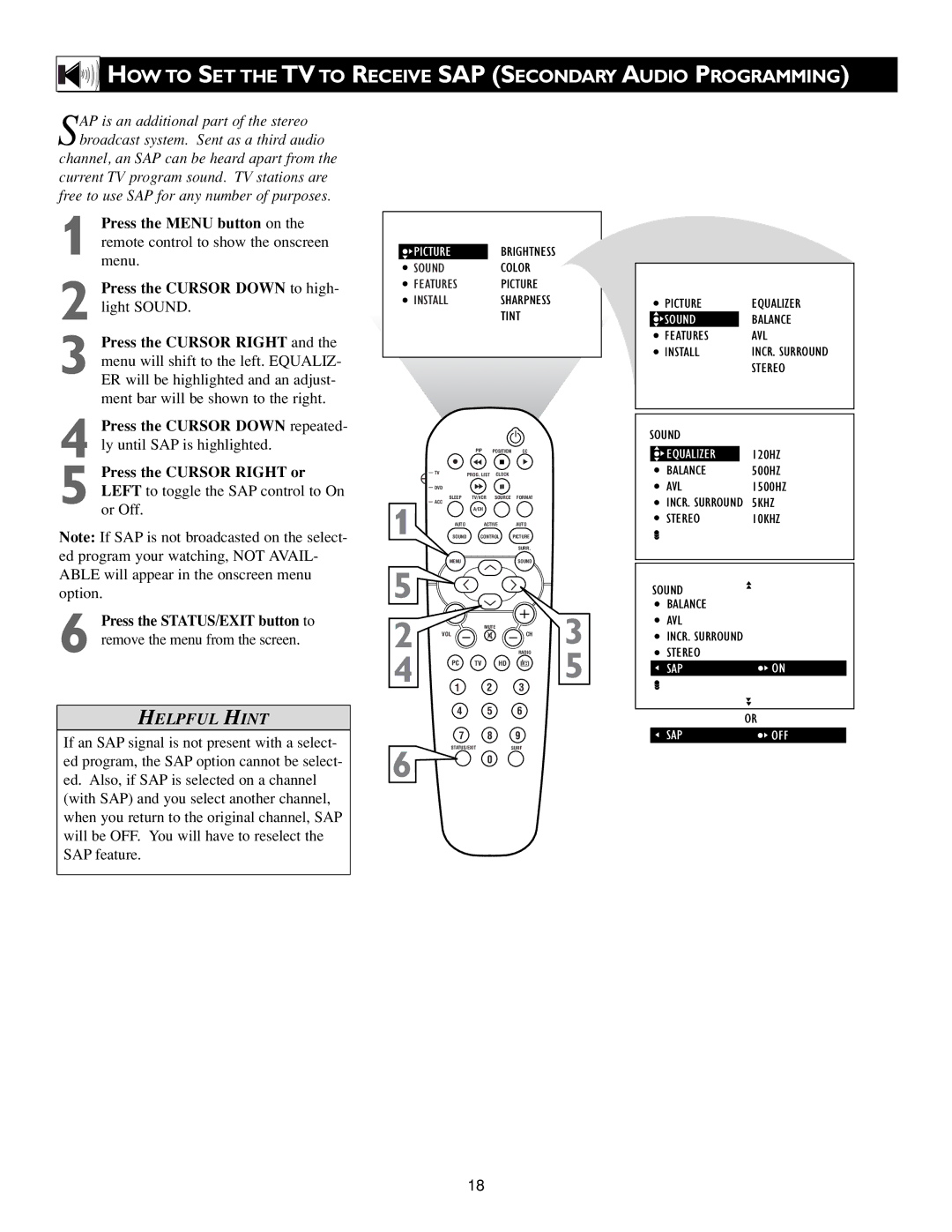 Philips Flat Panel Television warranty HOW to SET the TV to Receive SAP Secondary Audio Programming, Sap Off 