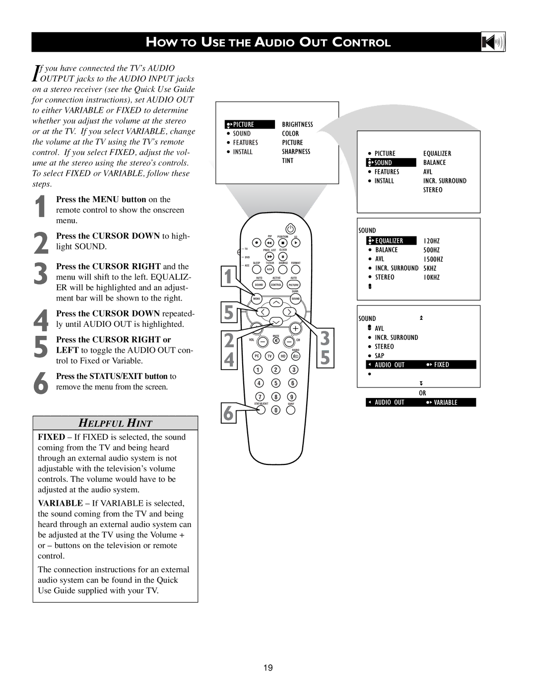 Philips Flat Panel Television warranty HOW to USE the Audio OUT Control, Audio OUT Fixed Variable 