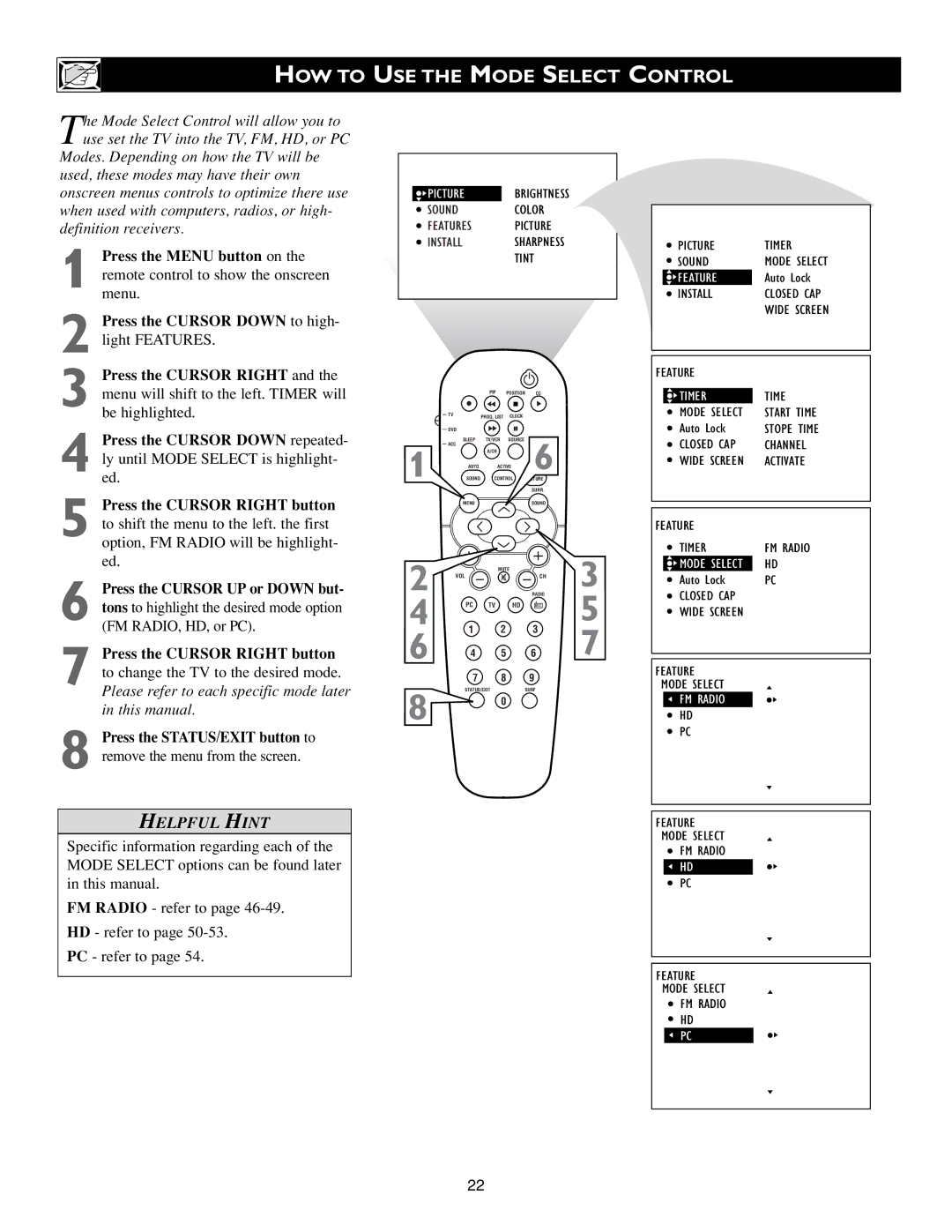 Philips Flat Panel Television warranty HOW to USE the Mode Select Control, Features, Timer, FM Radio 