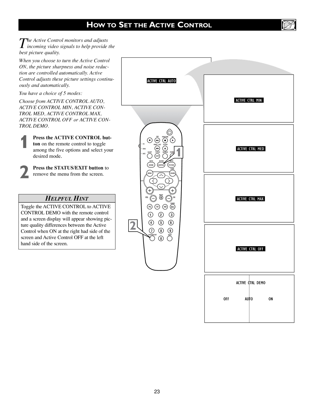 Philips Flat Panel Television warranty HOW to SET the Active Control, Active Ctrl Auto 