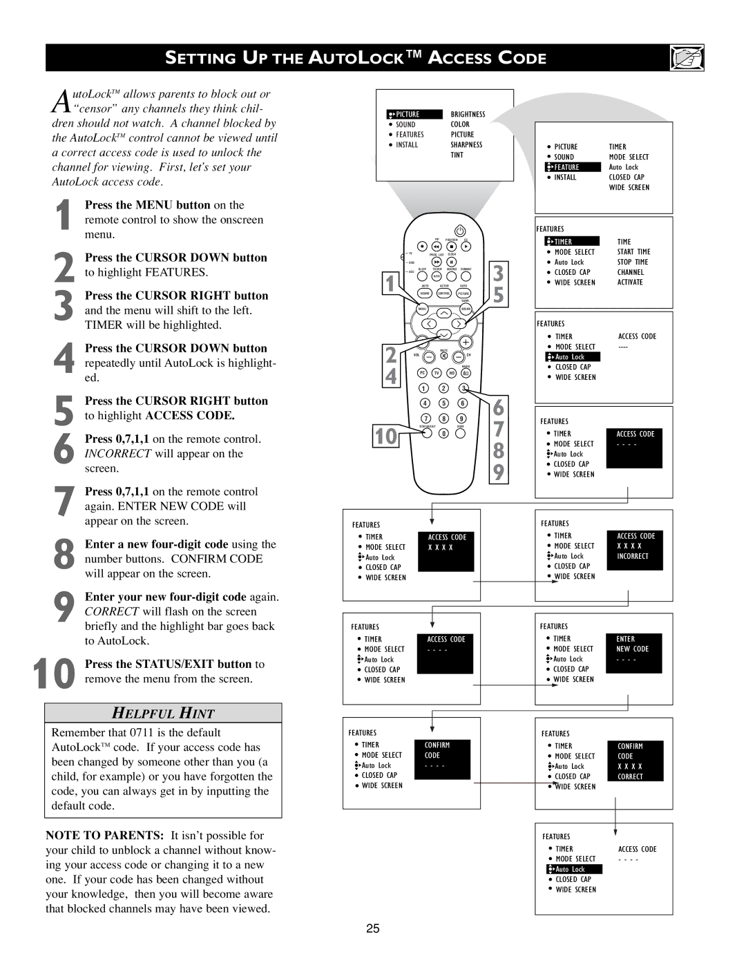 Philips Flat Panel Television warranty Setting UP the Autolock Access Code, Timer 