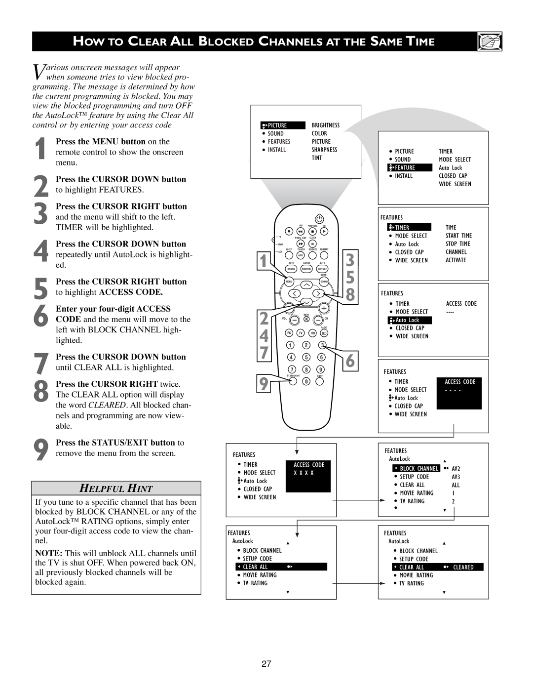 Philips Flat Panel Television warranty HOW to Clear ALL Blocked Channels AT the Same Time, Block Options 