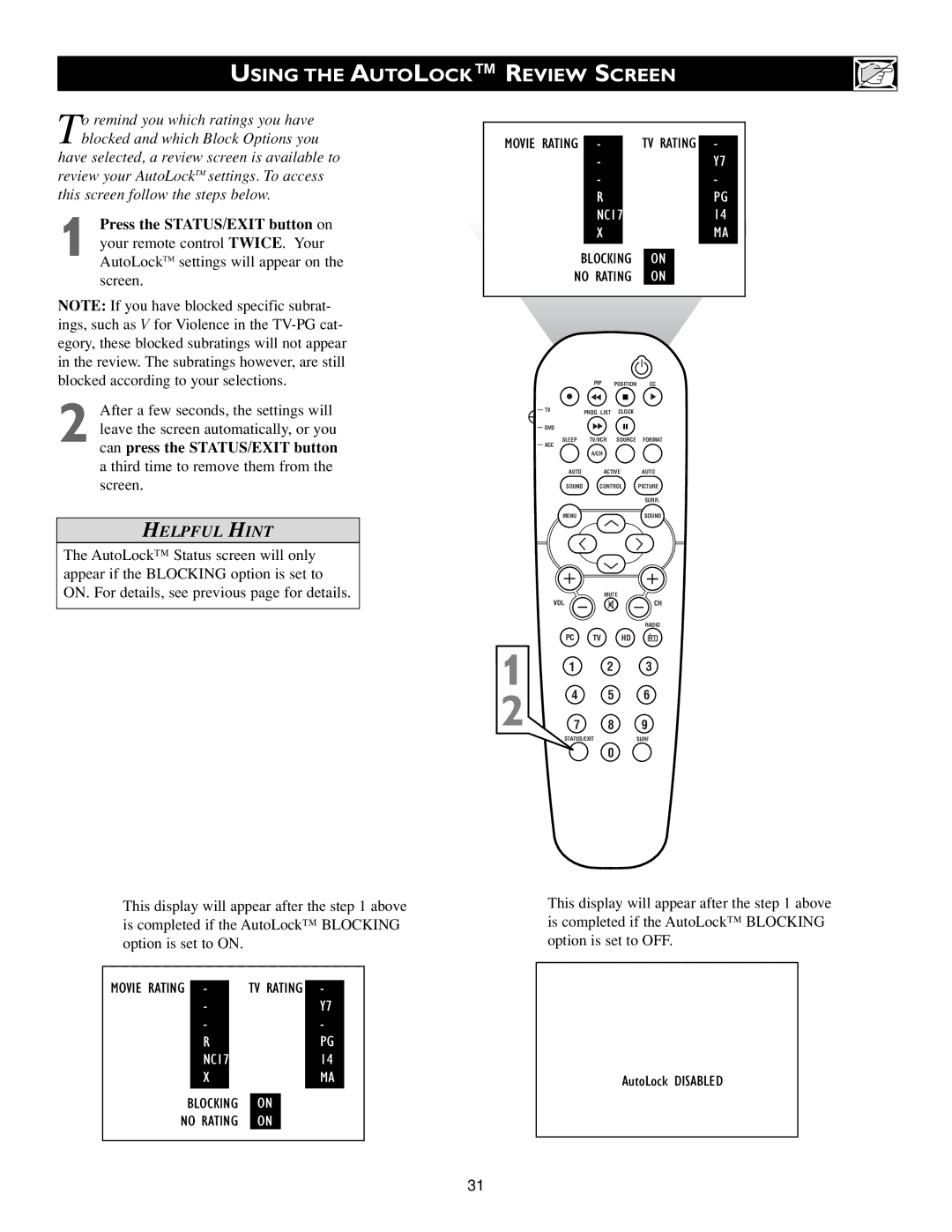 Philips Flat Panel Television warranty Using the Autolock Review Screen 