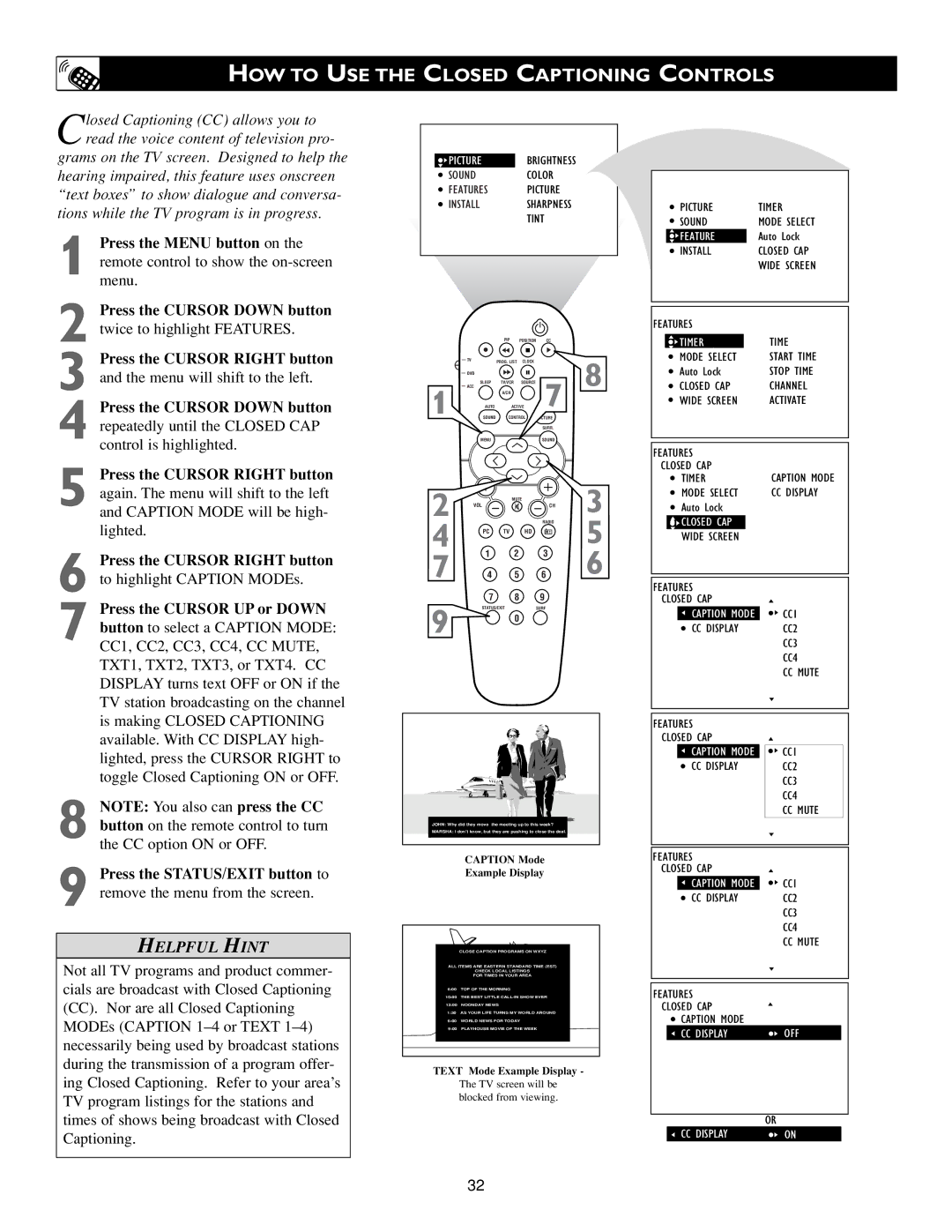 Philips Flat Panel Television warranty HOW to USE the Closed Captioning Controls, VOL Radio STATUS/EXIT Surf 