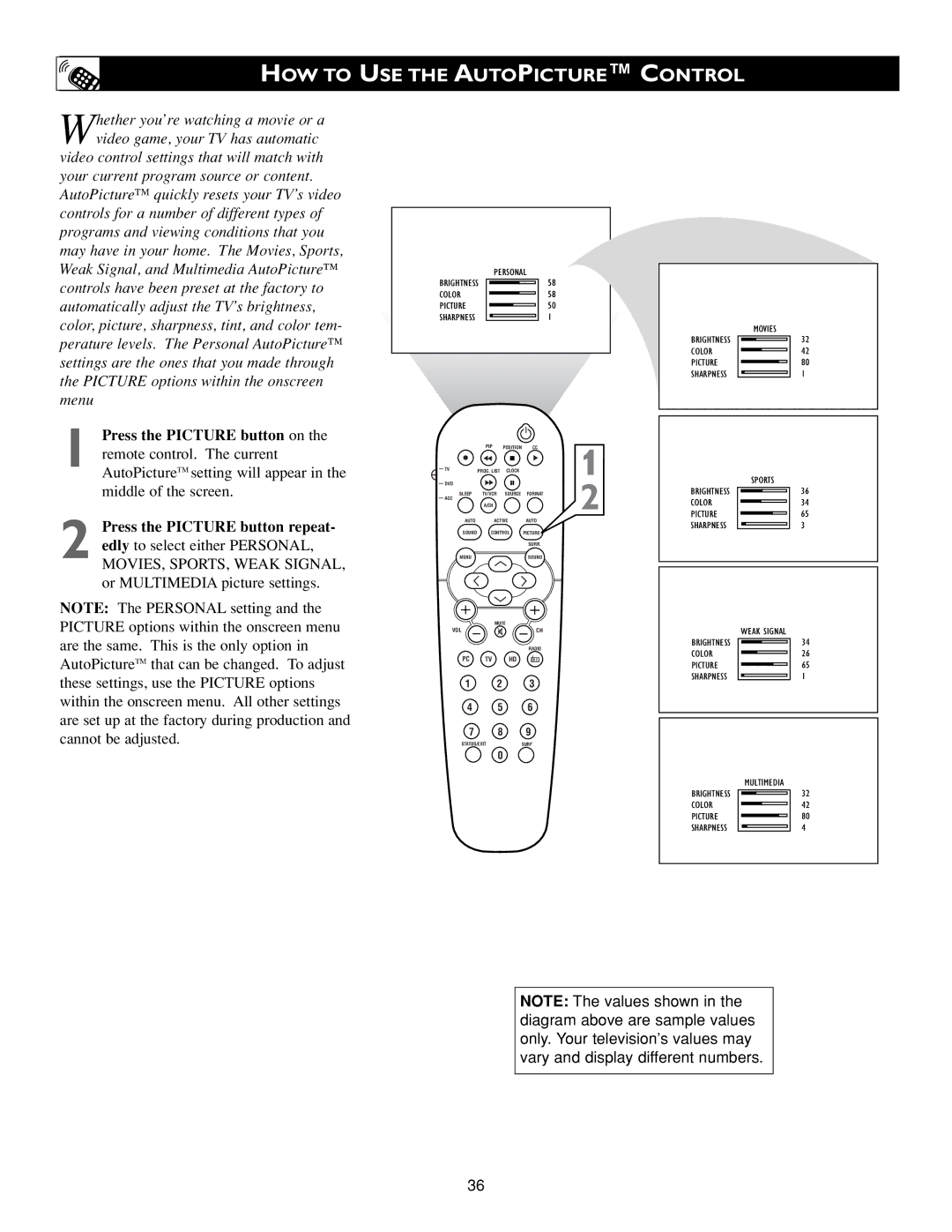 Philips Flat Panel Television warranty HOW to USE the Autopicture Control, Color Picture 