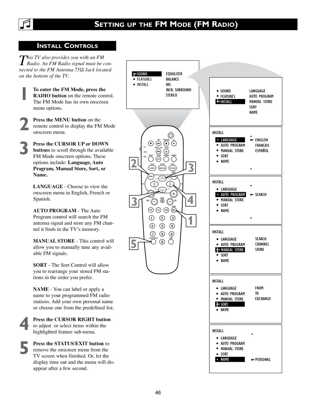 Philips Flat Panel Television warranty Setting UP the FM Mode FM Radio, Install Controls, Sort 