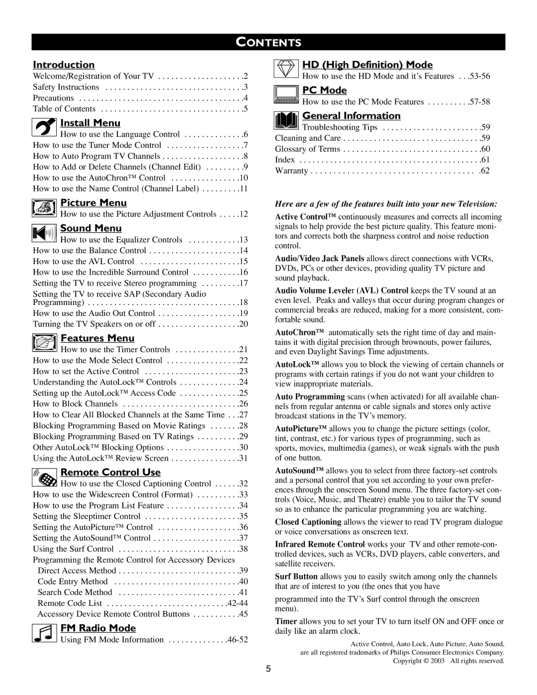 Philips Flat Panel Television warranty Contents 