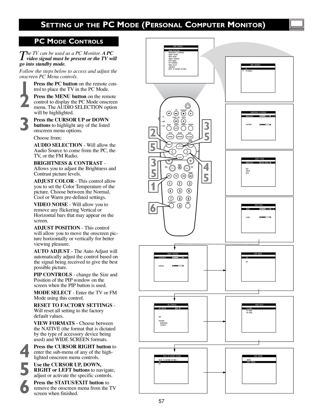 Philips Flat Panel Television warranty Setting UP the PC Mode Personal Computer Monitor, PC Mode Controls 